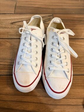 White Canvas Low-Top Sneakers with Red Trim - Women's